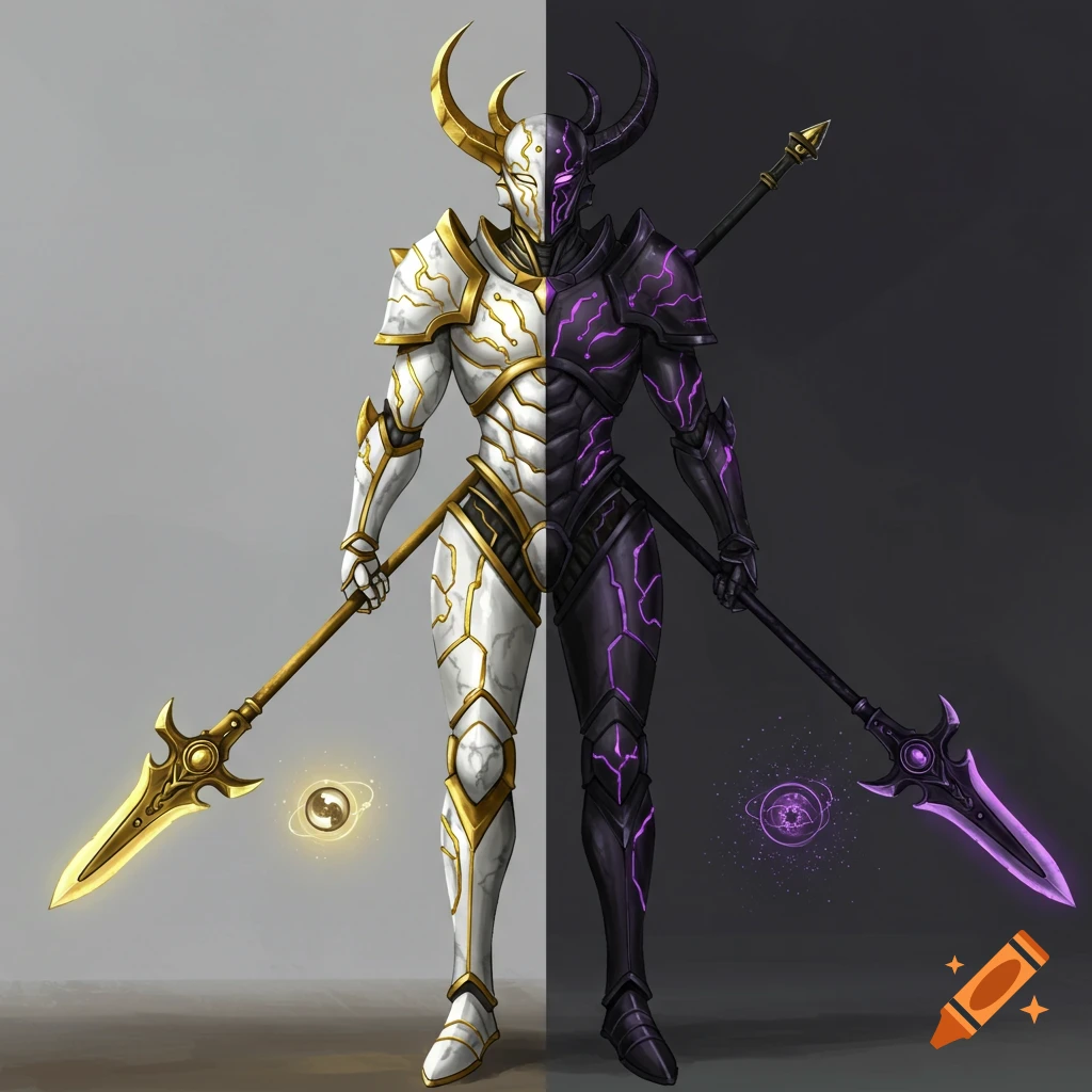 A fantasy guardian, split vertically with white and gold armor on one side and black and purple armor on the other, holding spears.