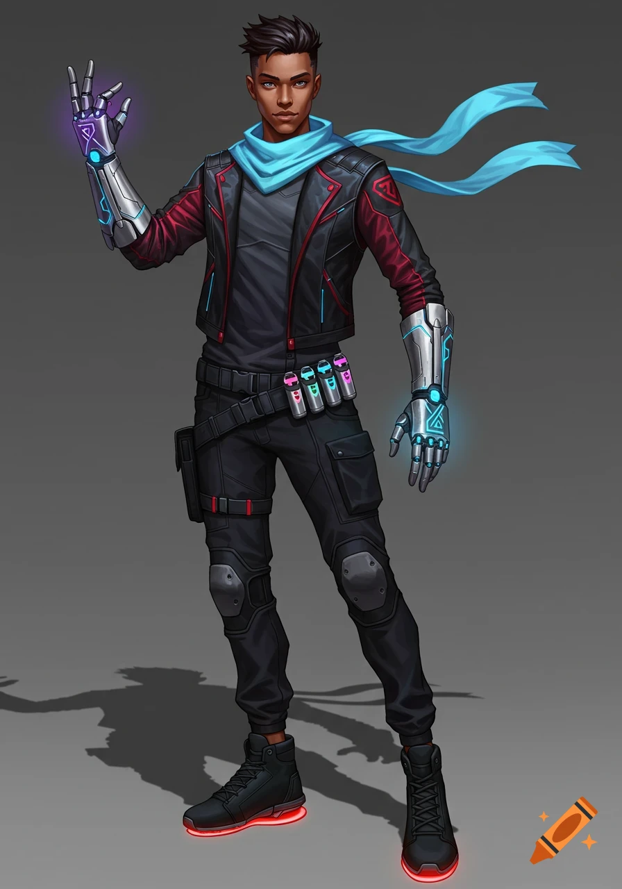 A full-body illustration of a young man with dark skin, wearing a black and red high-tech jacket, black tactical pants, glowing silver gauntlets, and jet-black sneakers with red glowing soles, with a light blue scarf flowing behind him.