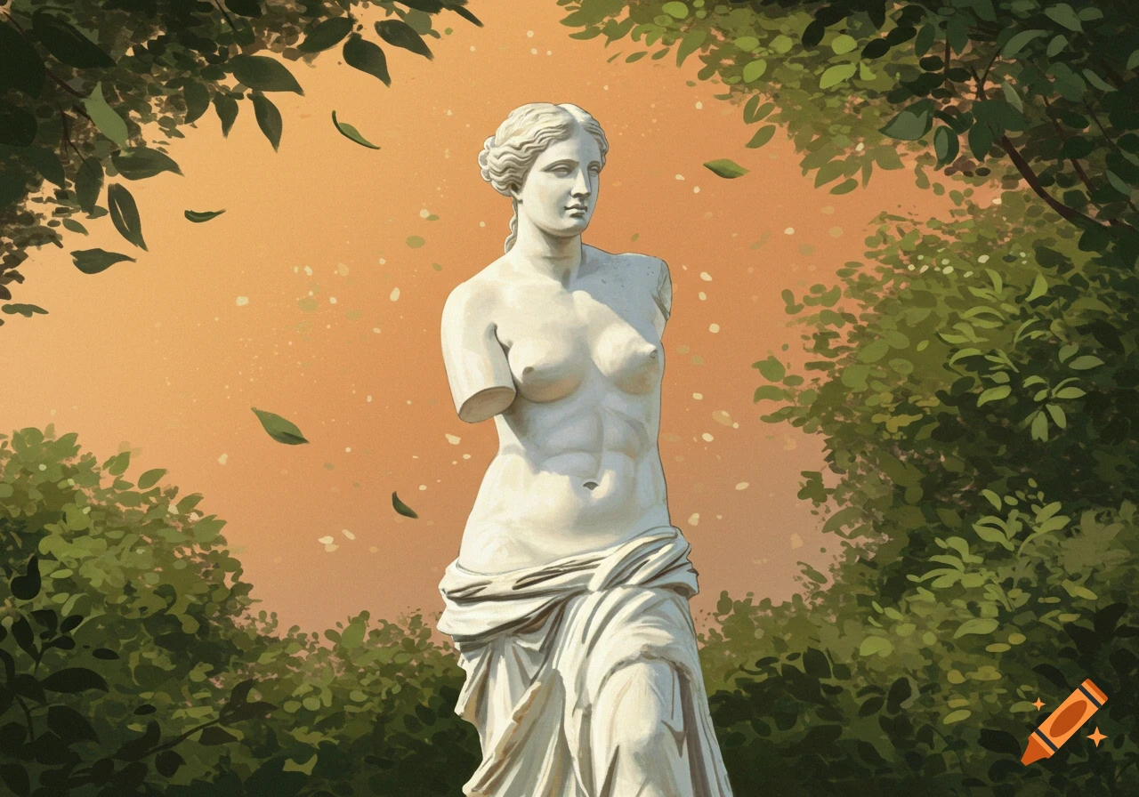 A classical white marble statue of Venus de Milo in a garden with green foliage and falling leaves, under an orange sky.
