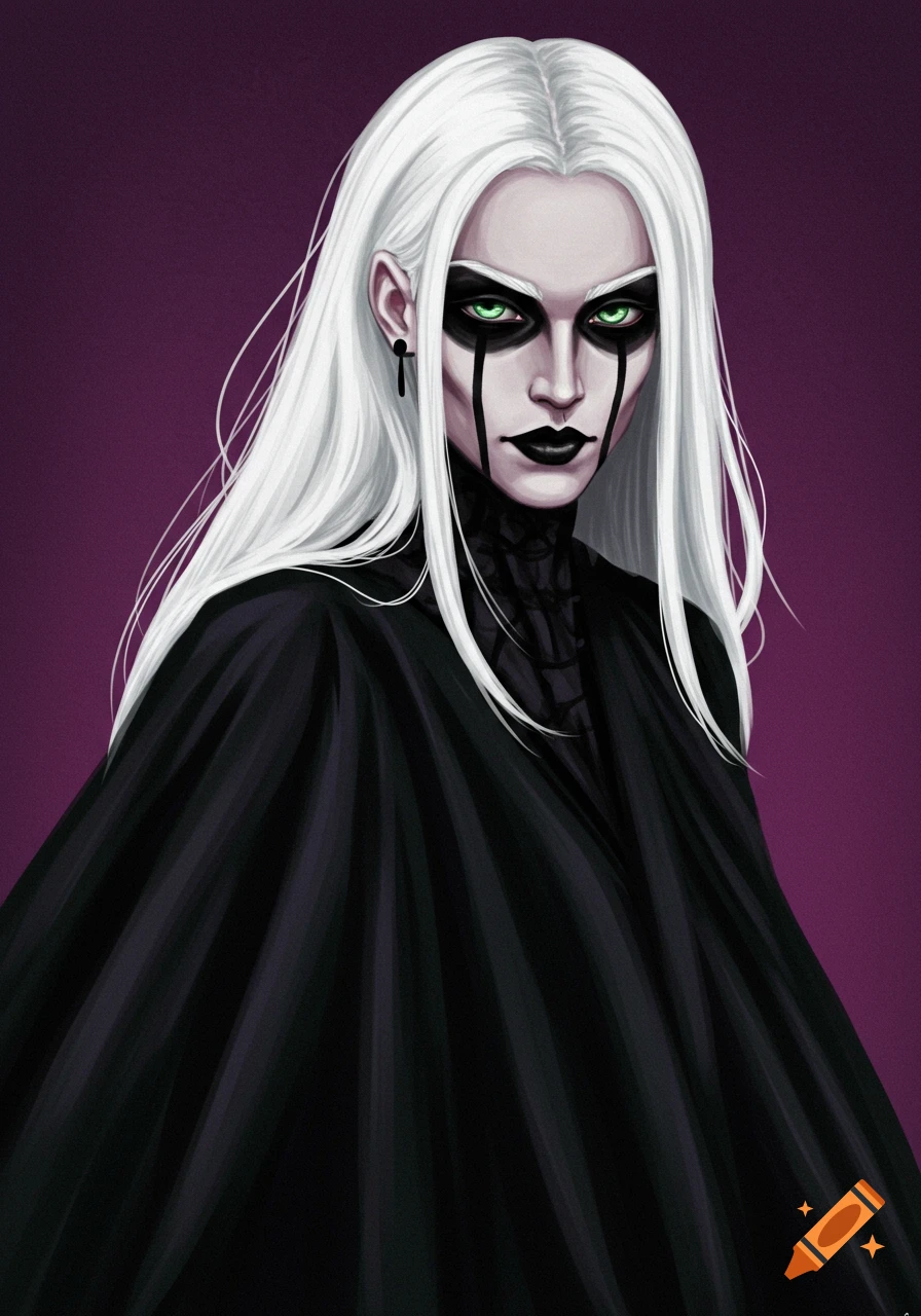 A stylized portrait of a person with long white hair, striking green eyes, and black makeup, wearing a black cloak against a purple background.