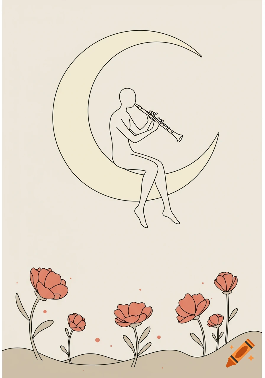 A simple outline illustration of an androgynous person sitting on a crescent moon, playing a clarinet above a field of flowers.