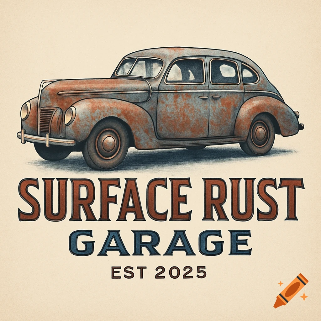 A vintage-style logo featuring a rusty 1939 Mercury Eight sedan above the words 'SURFACE RUST GARAGE' and 'EST 2025' on a cream background, in illustration style.