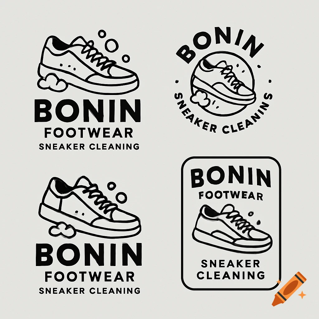 Four black and white minimalist logos for Bonin Footwear sneaker cleaning, each featuring a stylized sneaker.
