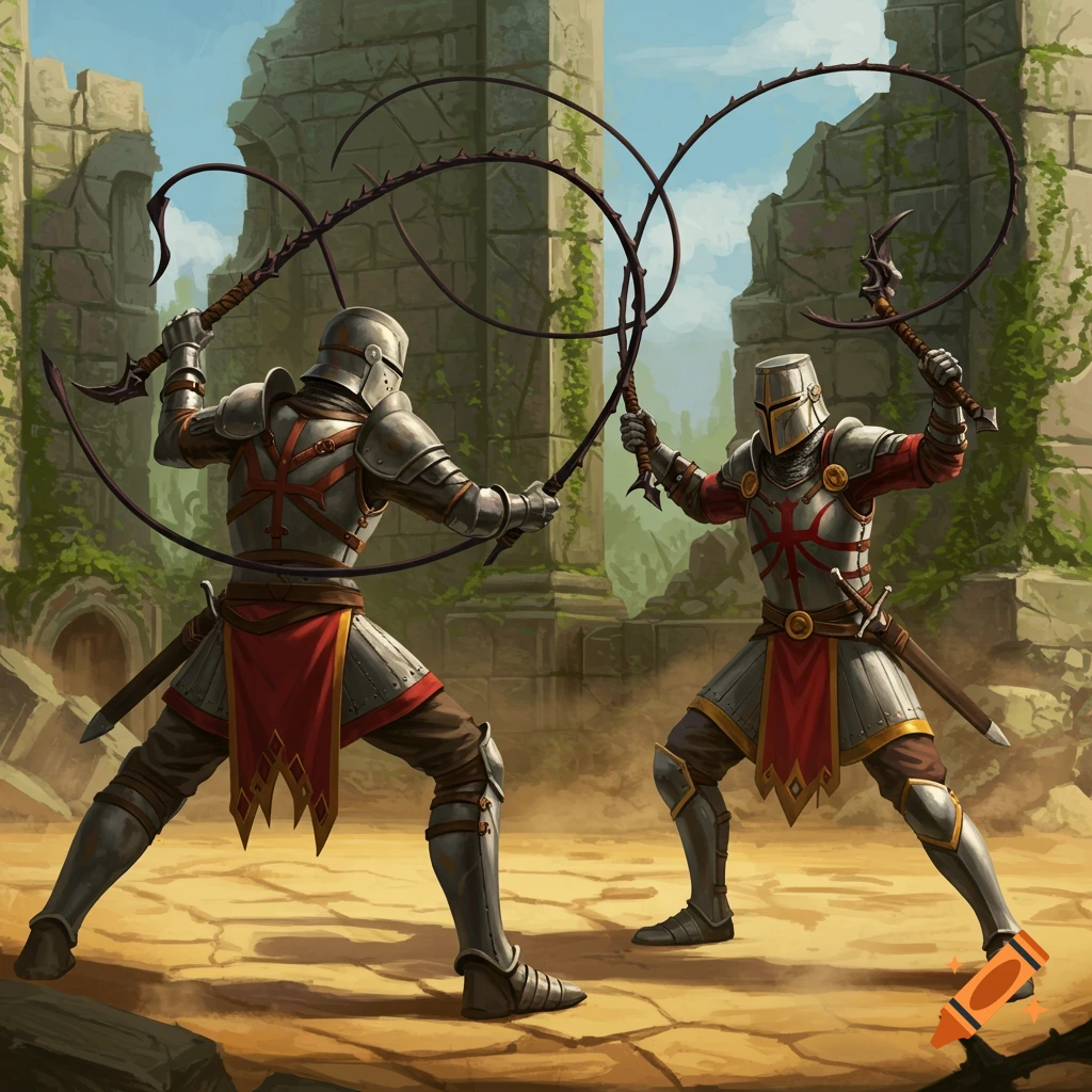Two armored knights duel with spiked whips amidst ancient ruins under a blue sky, in a fantasy art style.