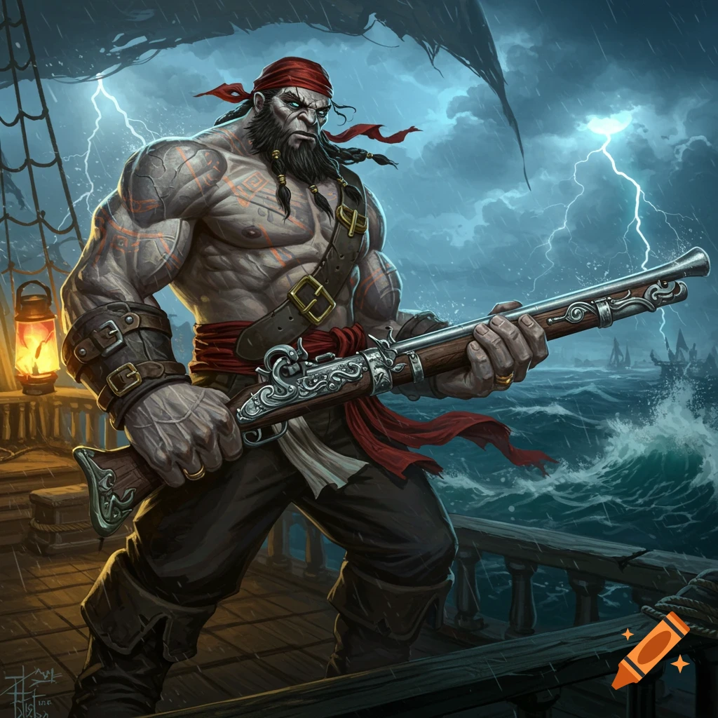 Muscular fantasy pirate with a red bandana and beard holds a musket on a stormy ship deck.
