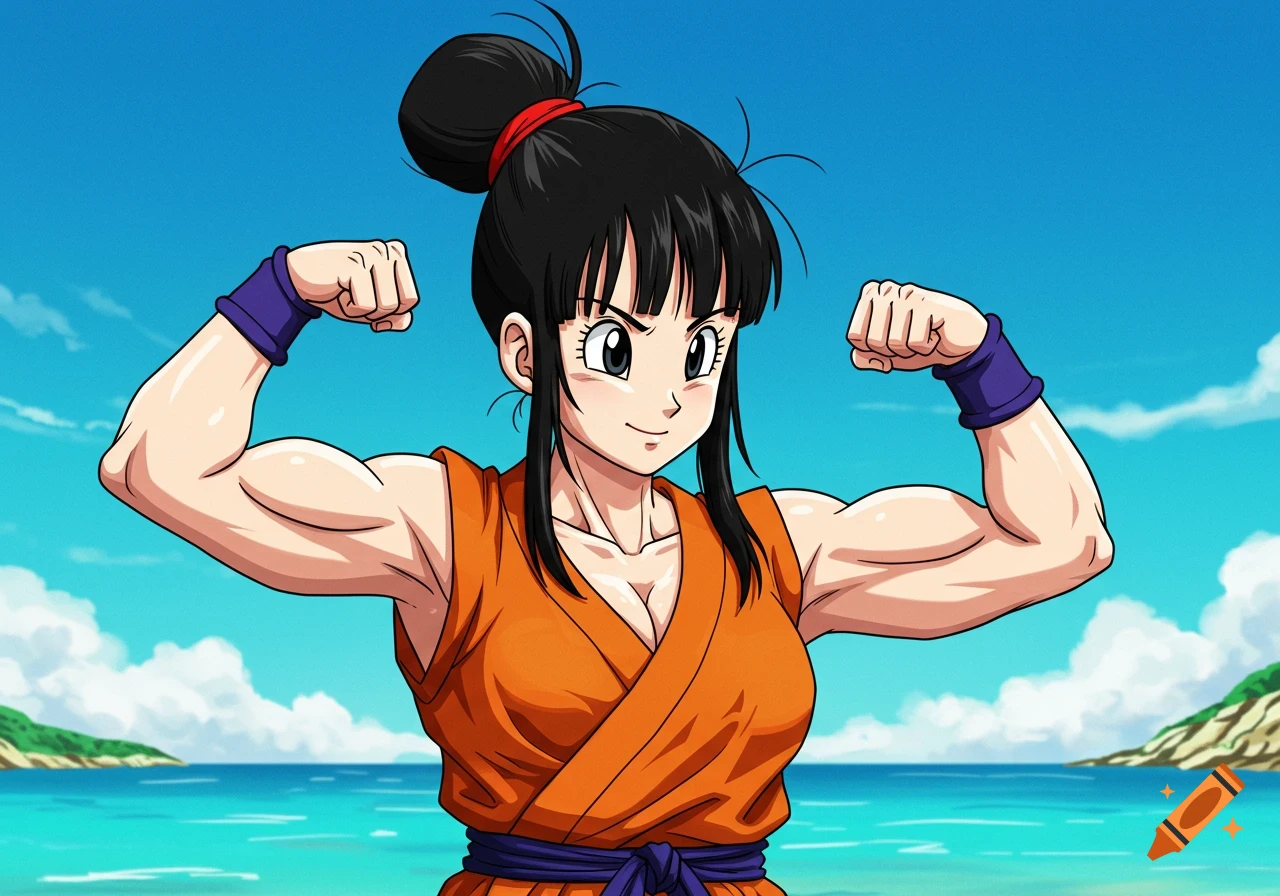 Chi-Chi from Dragon Ball Super flexes her muscular arms on a sunny beach, in anime style.