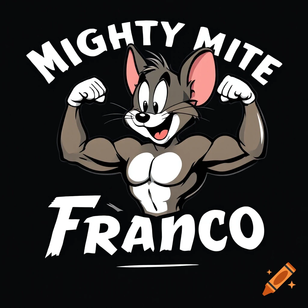 Jerry the mouse from Tom and Jerry flexing his muscles in a logo with 'MIGHTY MITE' and 'Franco' text.