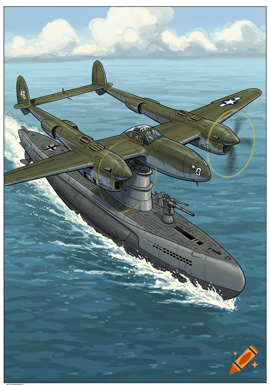 An illustration of a P-38 fighter plane flying low over a submarine traversing rough ocean waters.