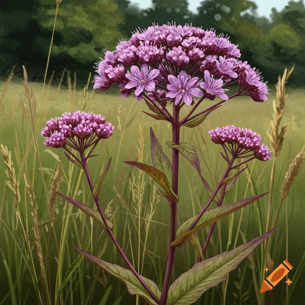 Vibrant purple Joe Pye Weed flowers bloom in a grassy field, with green trees in the soft focus background.