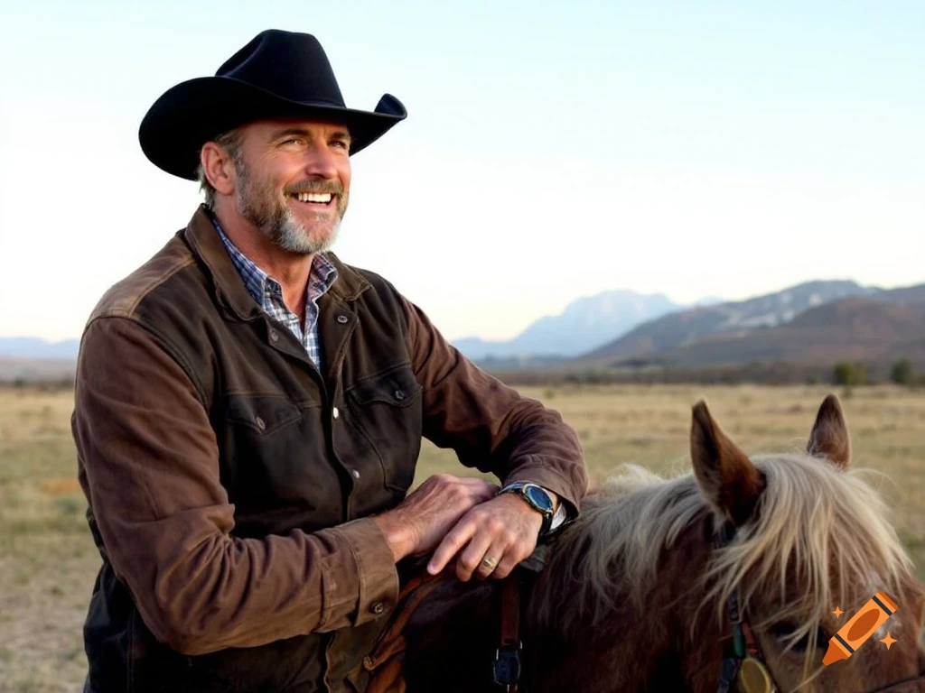 A smiling man in a cowboy hat and brown jacket sits on a horse in a field with mountains in the background.