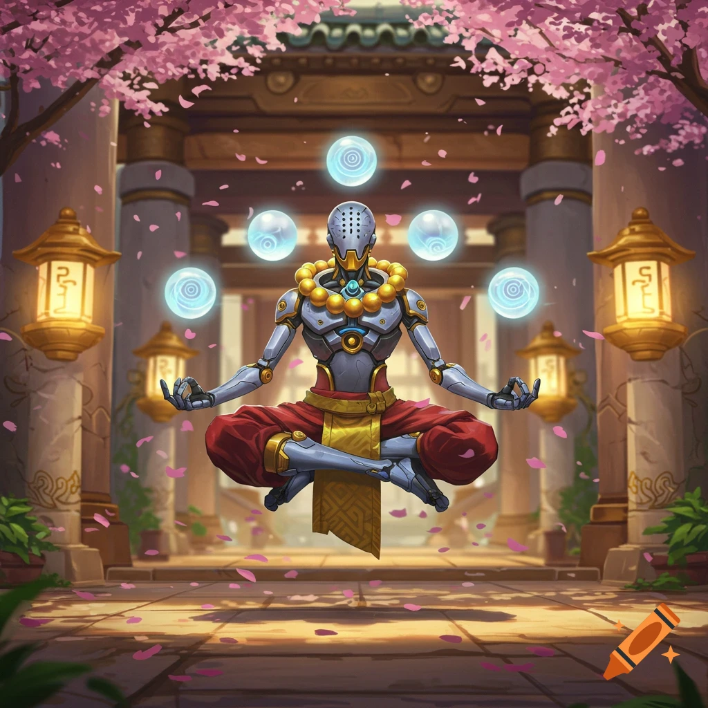 Zenyatta from Overwatch, a robot monk, floats meditating in a temple courtyard with cherry blossoms.