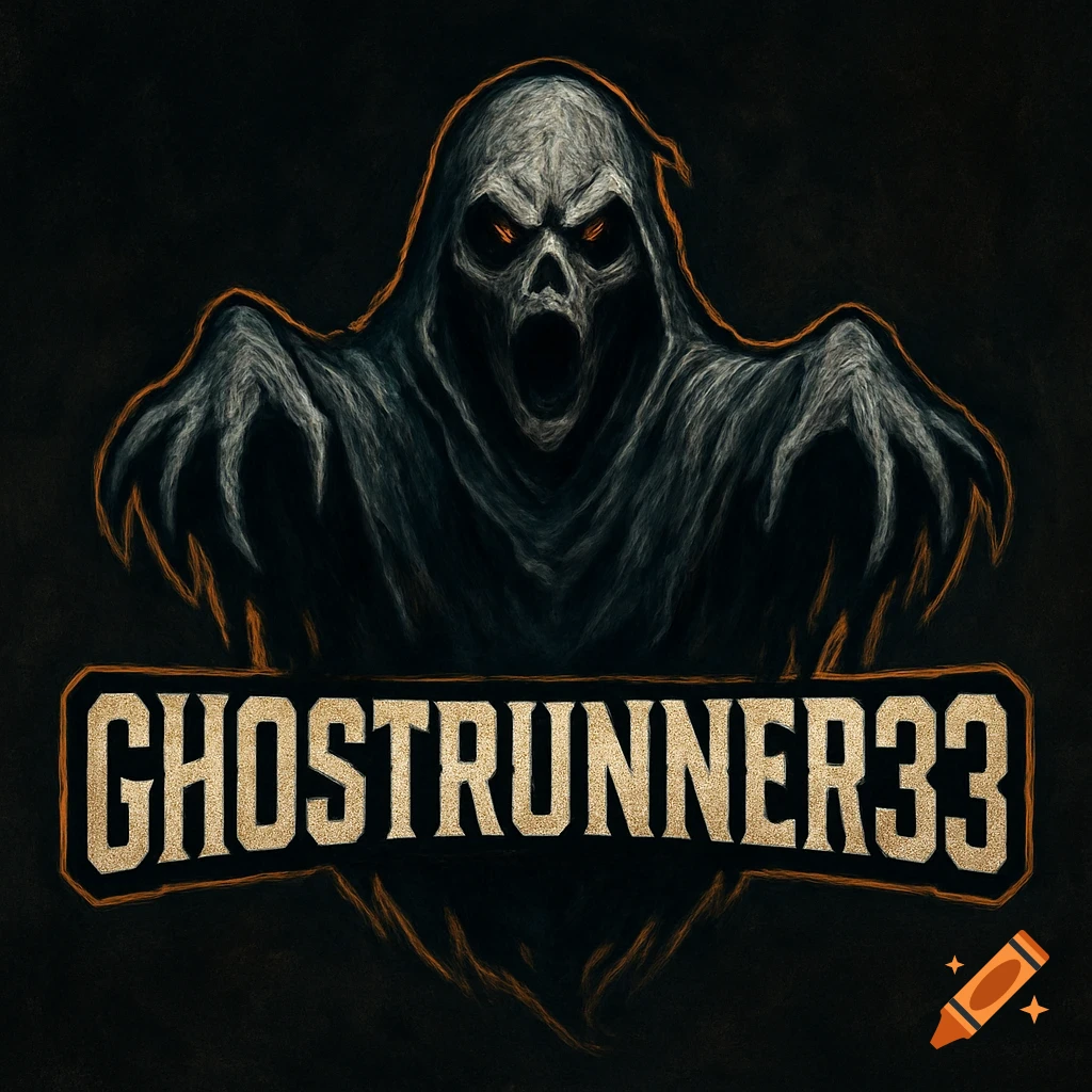 A dark, stylized logo featuring a menacing ghost with glowing orange eyes and a banner reading 'GHOSTRUNNER33'.