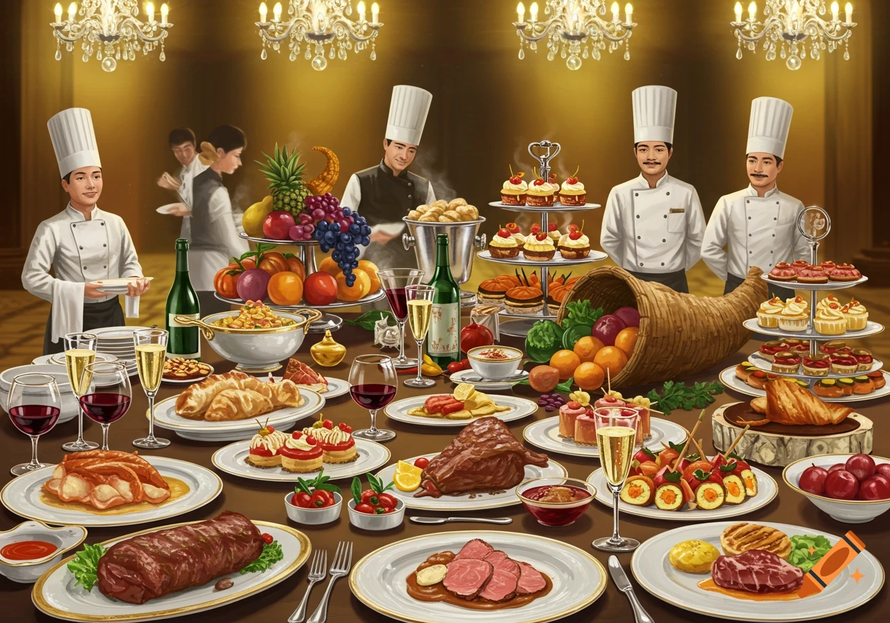 A grand banquet table laden with various dishes, fruits, desserts, and drinks, with chefs in the background.