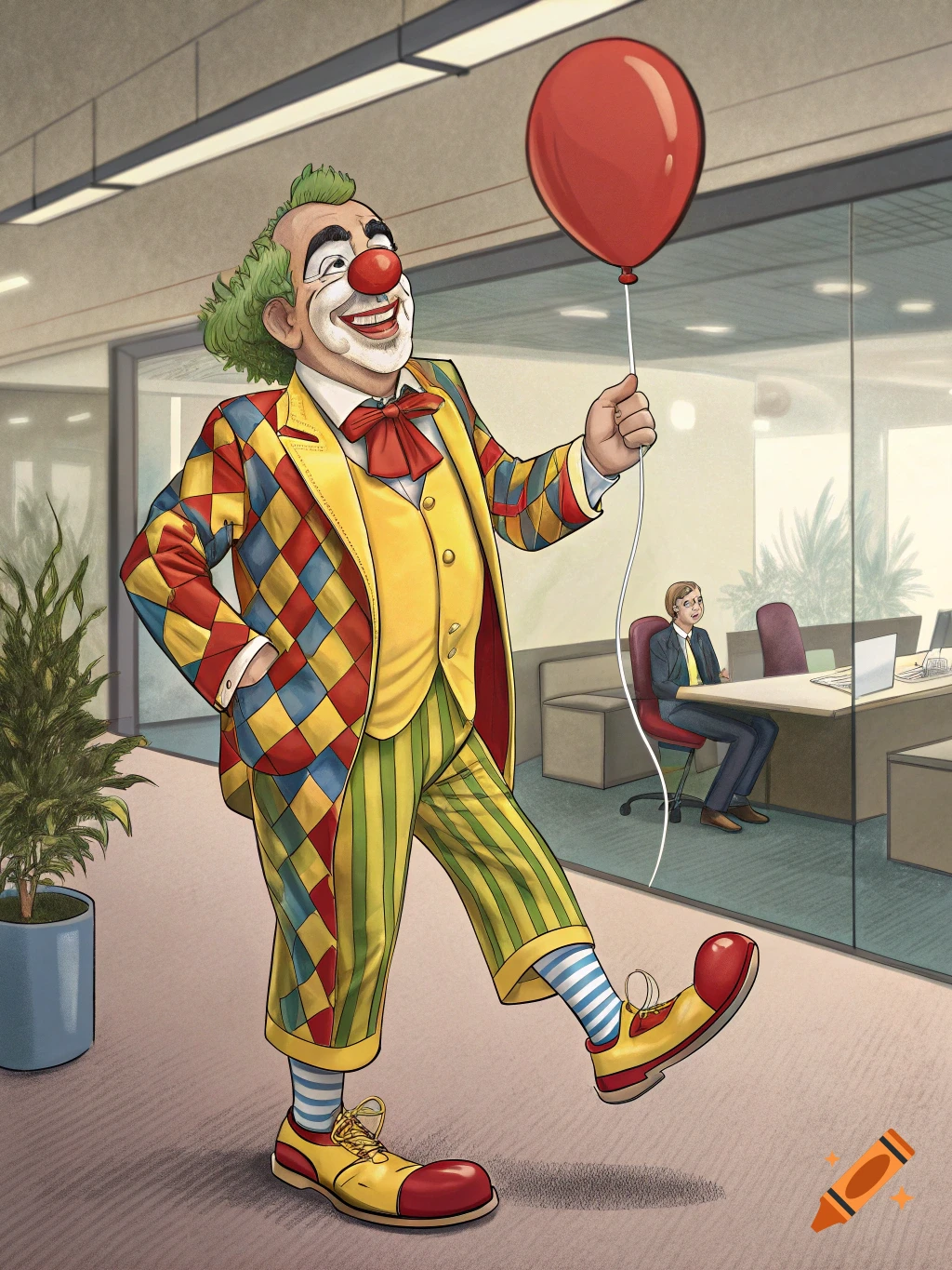 A cartoon clown in a colorful suit walks through an office holding a red balloon.