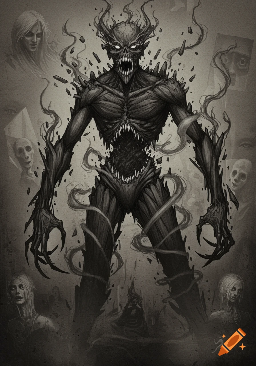 A monstrous, spiky, dark humanoid figure with glowing eyes and sharp teeth, surrounded by smoke and ghostly faces, in a charcoal sketch style.