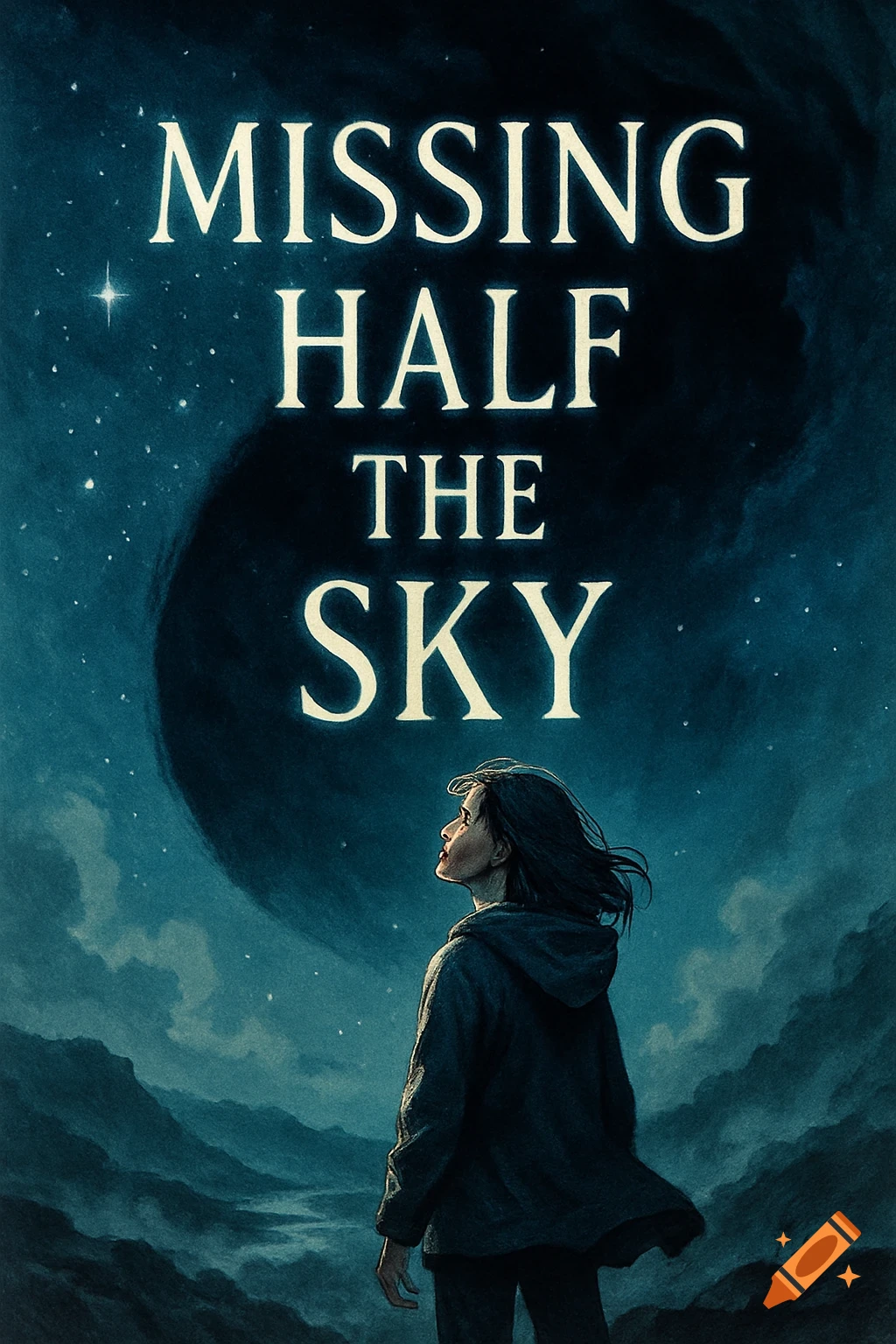 A dark book cover titled "Missing Half the Sky" features a person looking up at a starry night sky and a swirling dark mass.