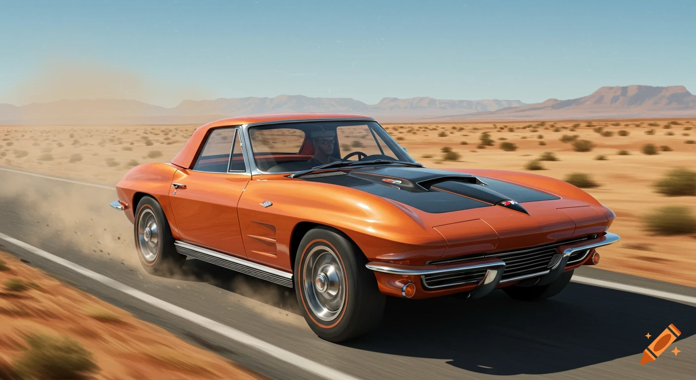 A photorealistic image of an orange 1963 Corvette Stingray with a black hood speeding on a desert road, kicking up dust. Mountains are in the background.