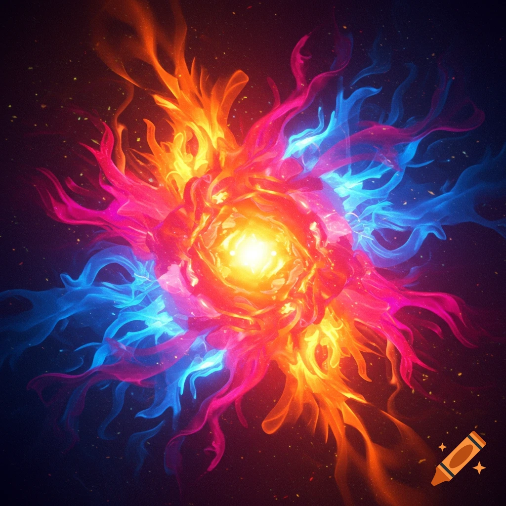 Vibrant abstract explosion of orange, pink, and blue energy with a bright yellow core, against a dark, speckled background.