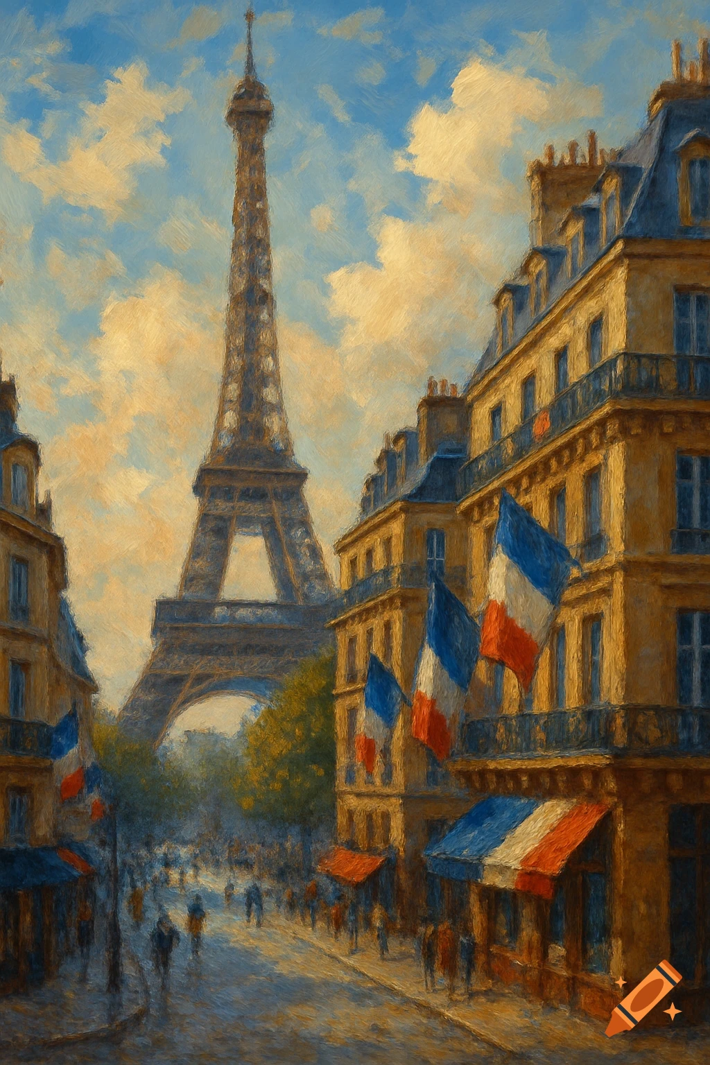 Impressionistic painting of a bustling Parisian street with the Eiffel Tower towering in the background, French flags on buildings.