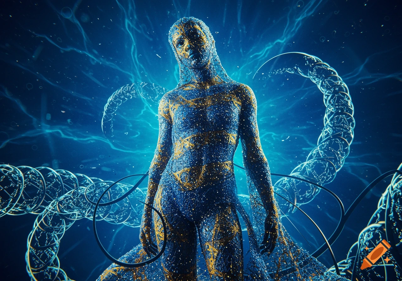 An abstract, human-like figure made of blue and gold mesh stands against a vibrant, electric blue background with glowing lines.