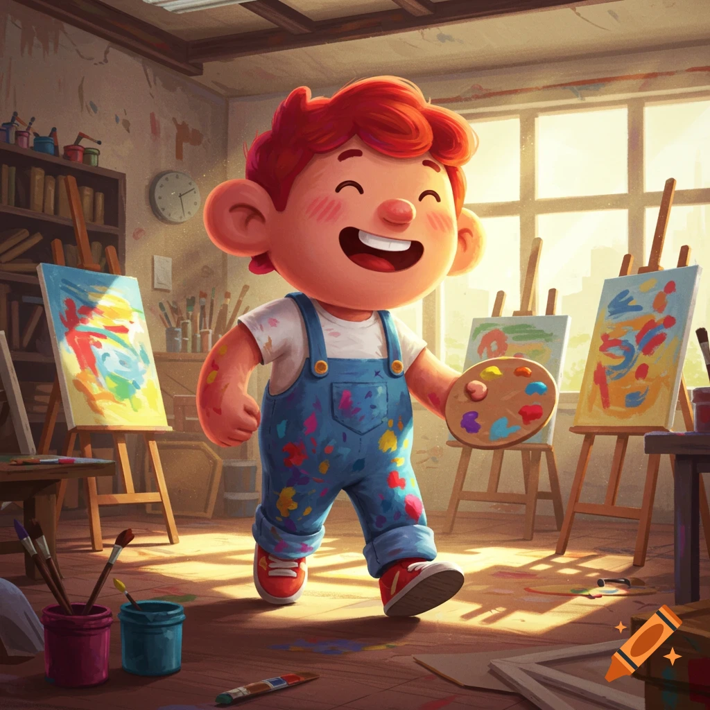 A happy, red-haired cartoon child wearing paint-splattered overalls, holding an artist's palette, stands in a sunlit art studio with easels and paintings.