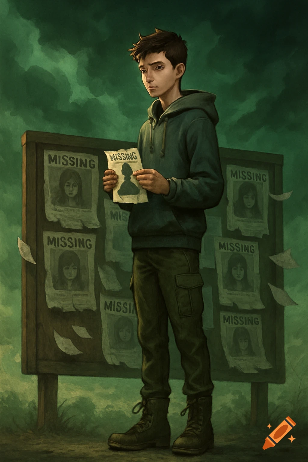 A somber teenage boy stands before a wooden board covered in missing person posters, holding a torn flyer, under a dark green sky.