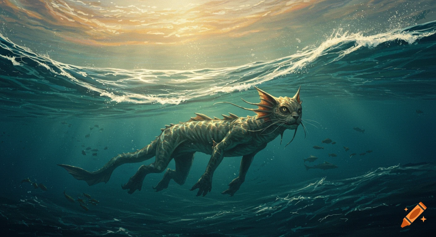 A reptilian cat-like creature with gills swims underwater, illuminated by sunlight from the wavy surface above.