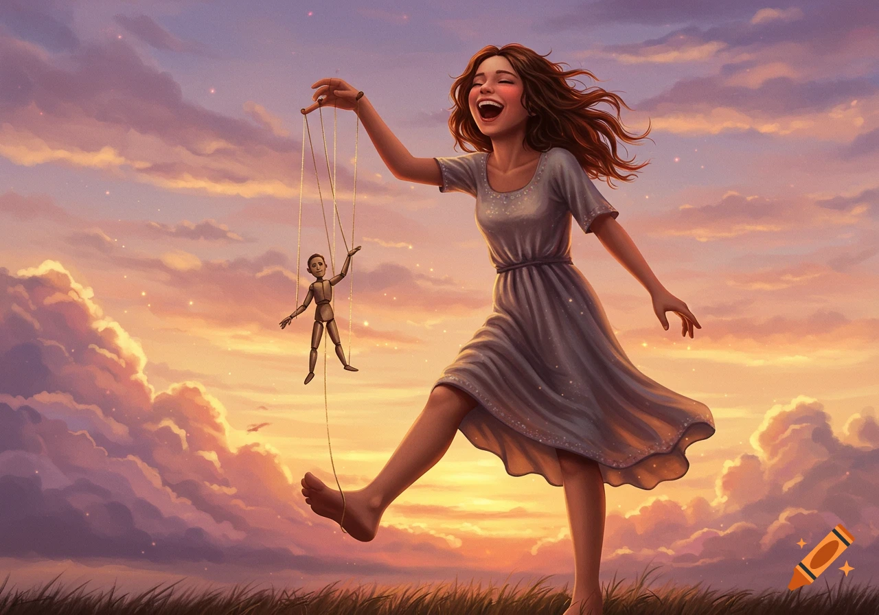 A barefoot woman laughs joyfully, holding a puppet on strings under a vibrant sunset sky.