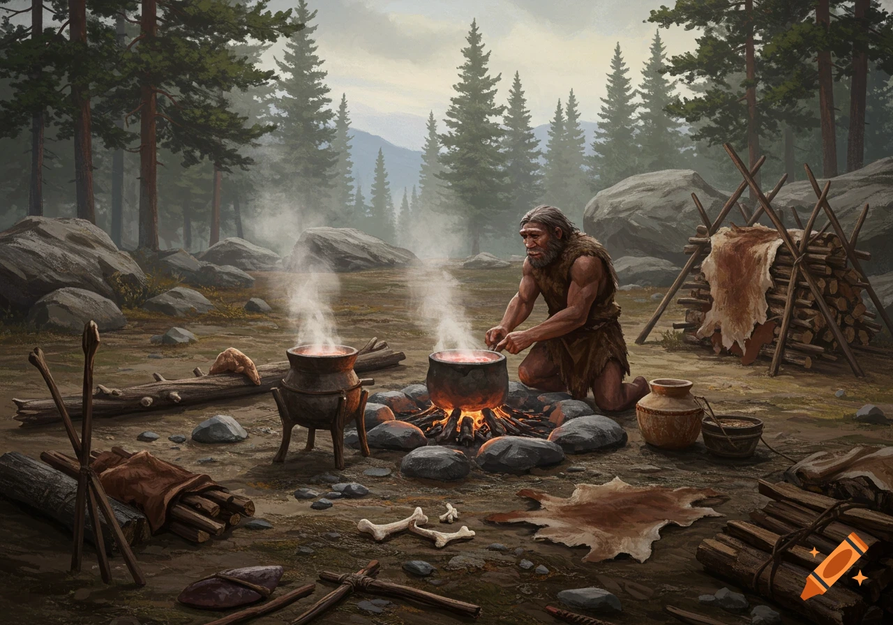 A Neanderthal man kneels by a campfire, stirring pots in a prehistoric forest setting.