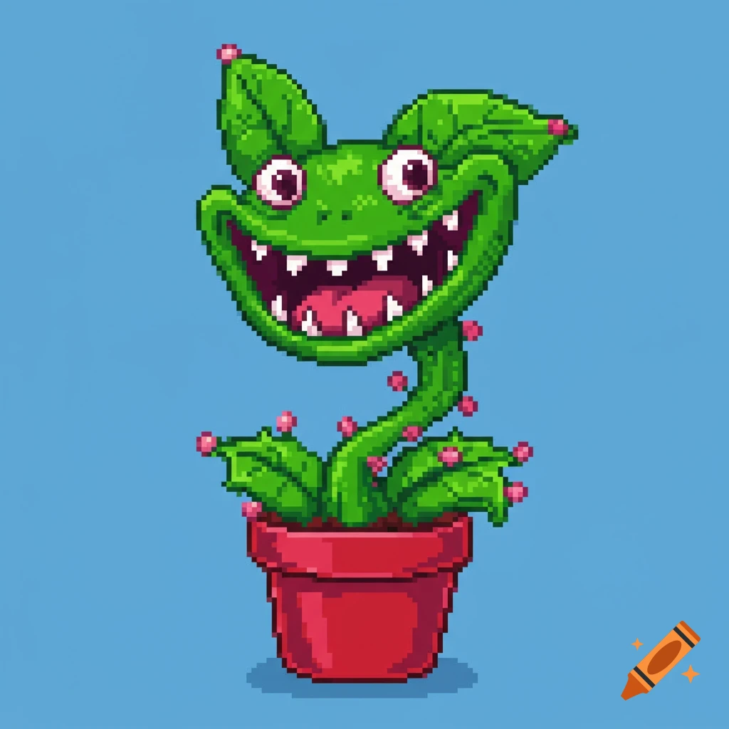 A smiling green monster plant with large eyes and sharp teeth in a red pot, depicted in pixel art cartoon style.