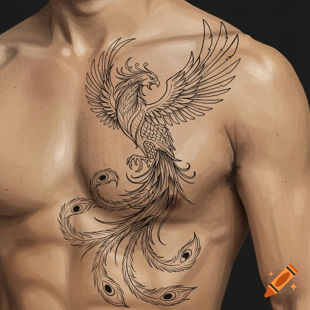 Line art phoenix tattoo on a man's bare chest.