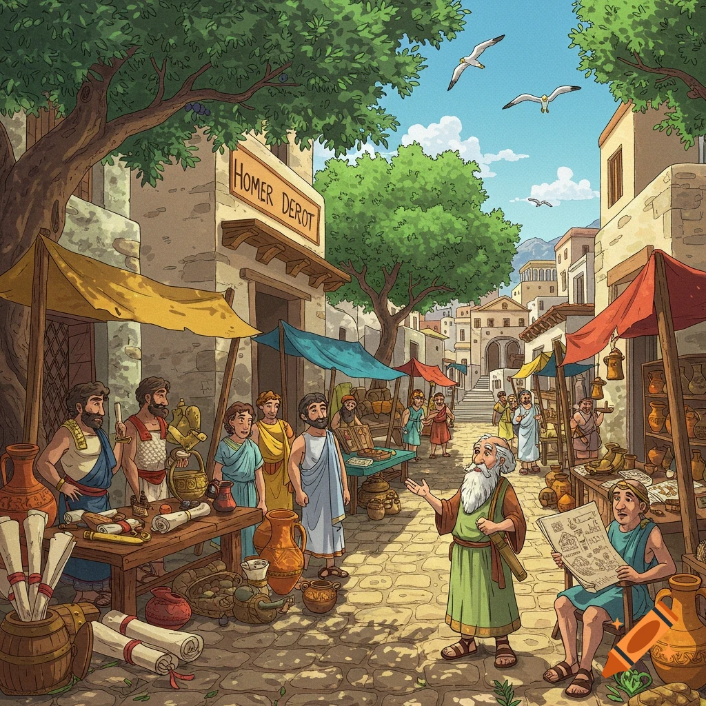 An illustration of a bustling ancient marketplace with people, stalls, and buildings, under a blue sky.