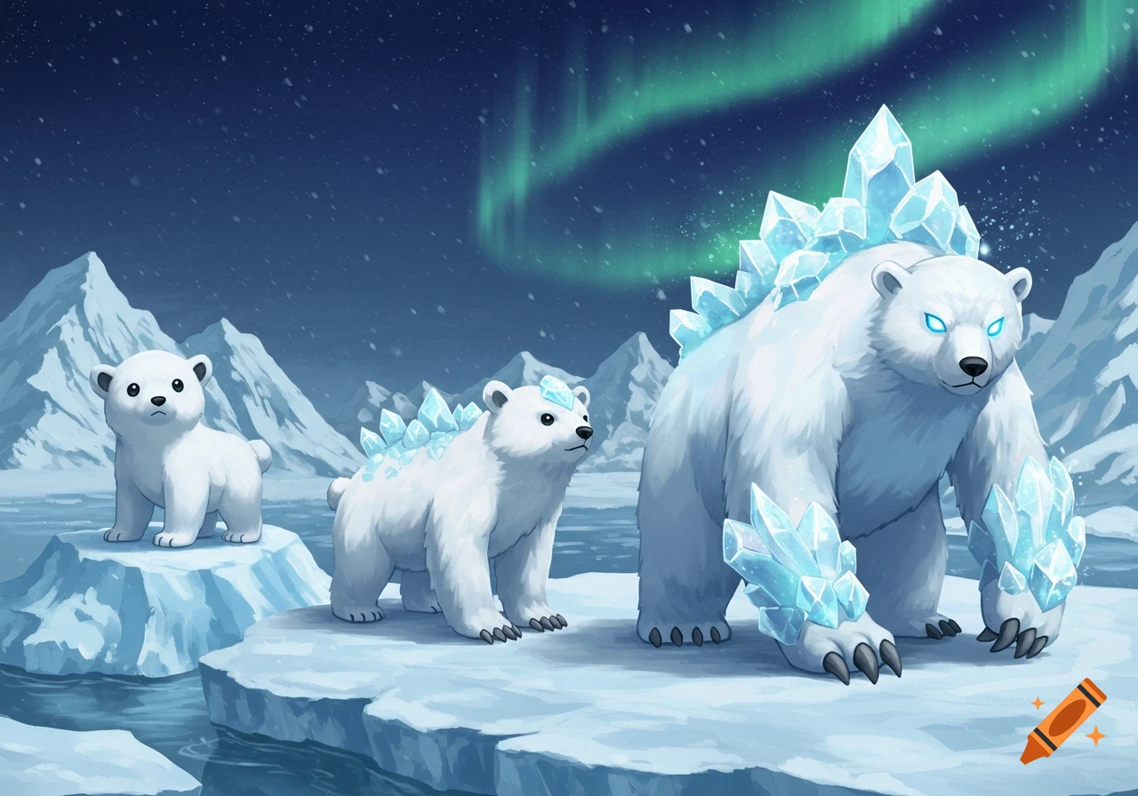 Three evolving polar bear-like creatures with ice crystals, standing on ice in an arctic night with aurora borealis.