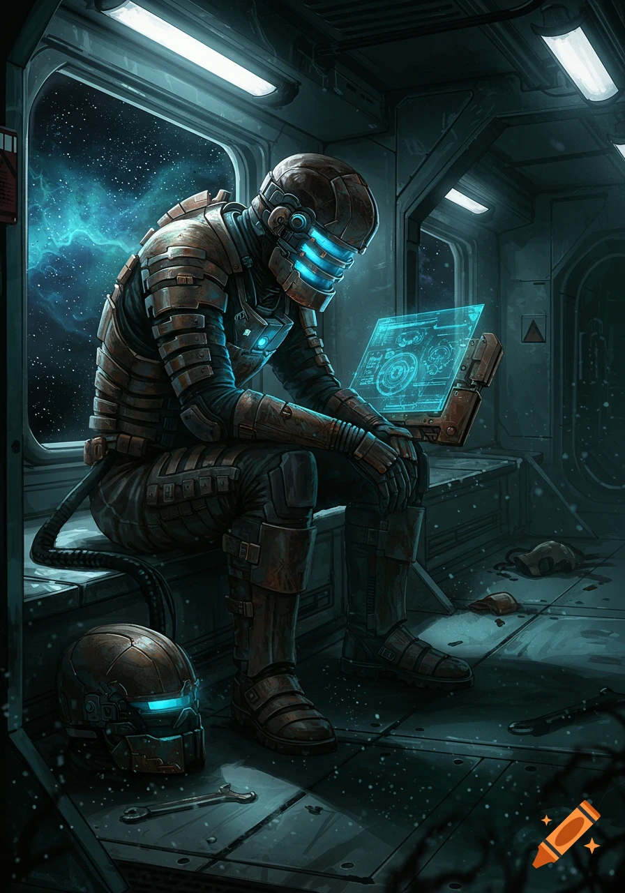 A futuristic engineer in a heavily armored suit sits slumped in a spaceship, looking at a glowing holographic screen, with a helmet and tools on the floor. Sci-fi style.