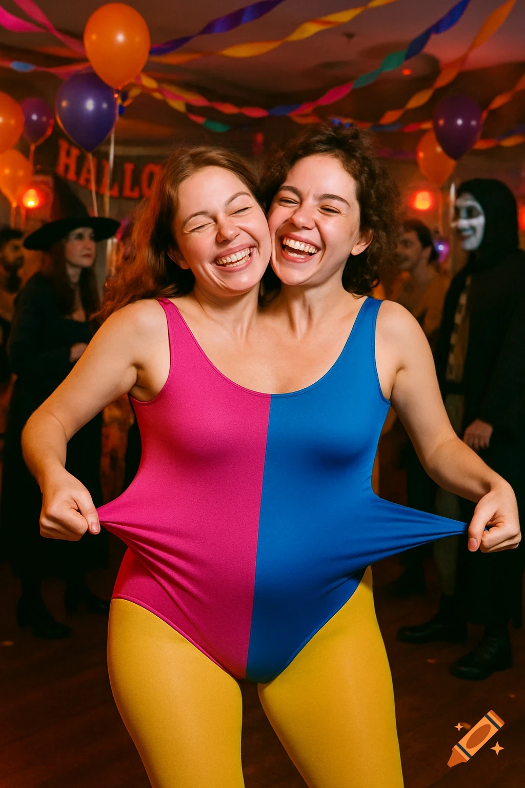 Two smiling women, one appearing to have two heads, wear a pink and blue leotard with yellow tights at a Halloween party.