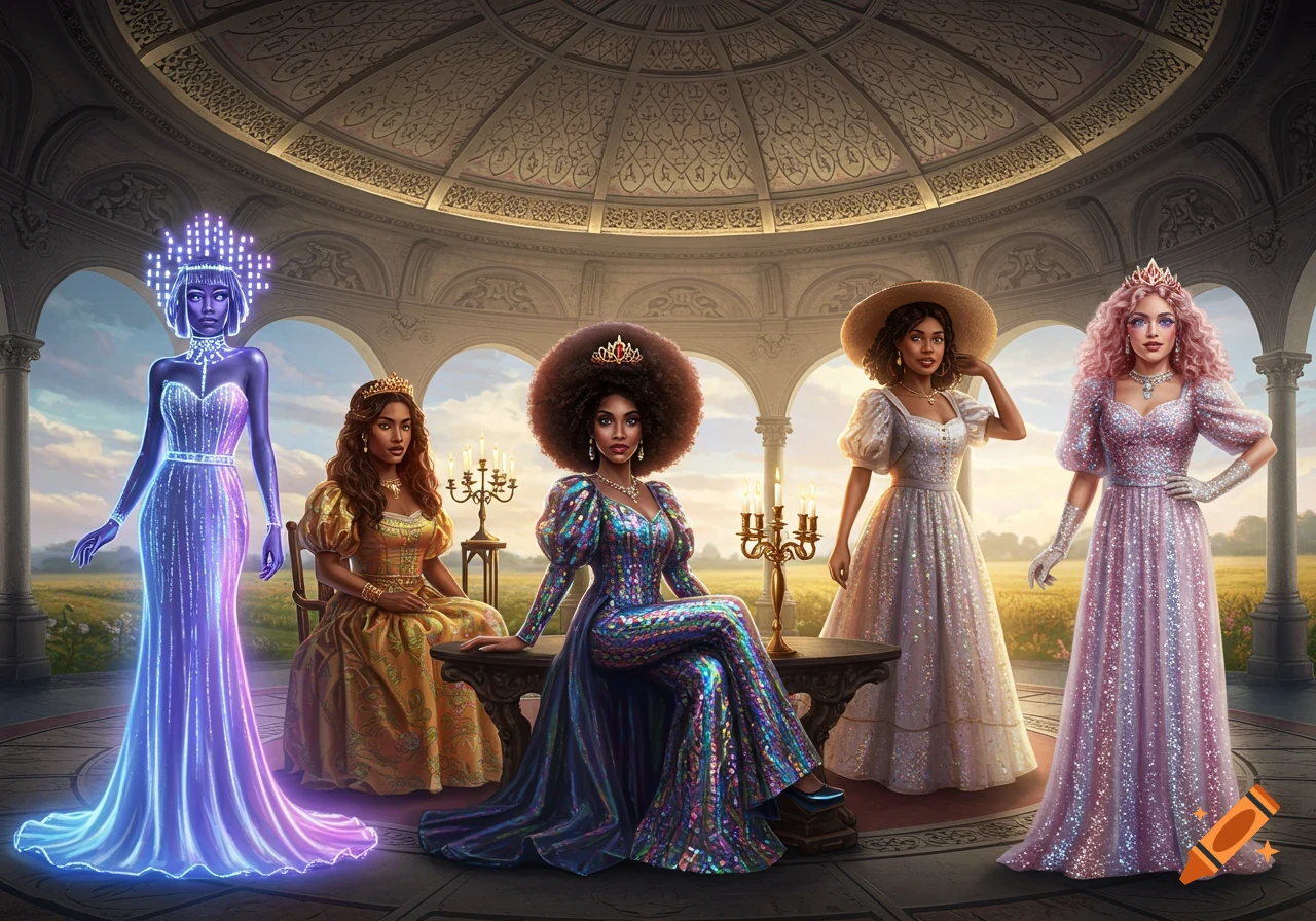 Five diverse princesses in elaborate, sparkling gowns in a grand pavilion overlooking a field, representing different music genres.