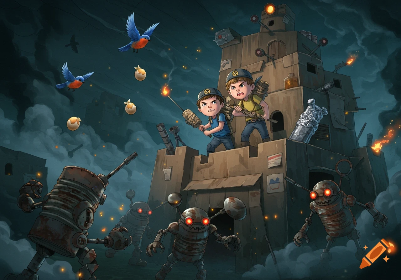 Two boys defend a cardboard fortress from tin-can robots, assisted by bluebirds dropping egg bombs, in a dark, moody children's book illustration.