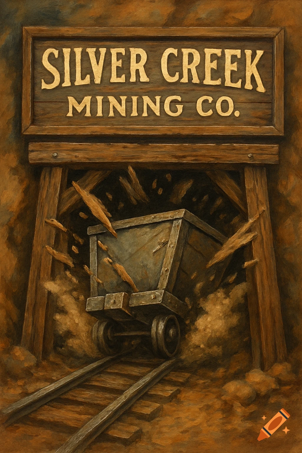 An oil painting of a mine cart bursting out of a mine shaft beneath a 'Silver Creek Mining Co.' sign, with debris flying.