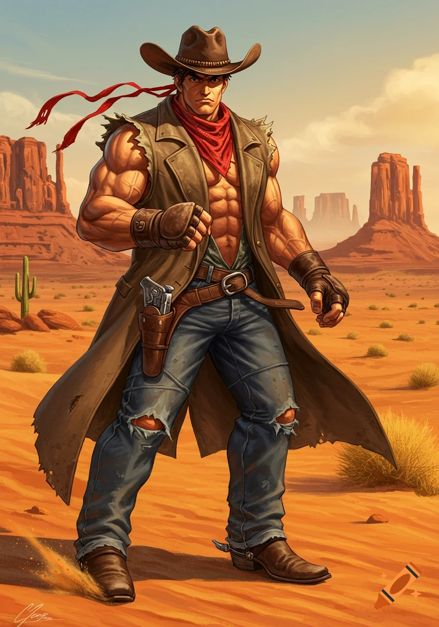 Muscular cowboy in a long coat and ripped jeans stands in a vast desert with rock formations, in a comic art style.
