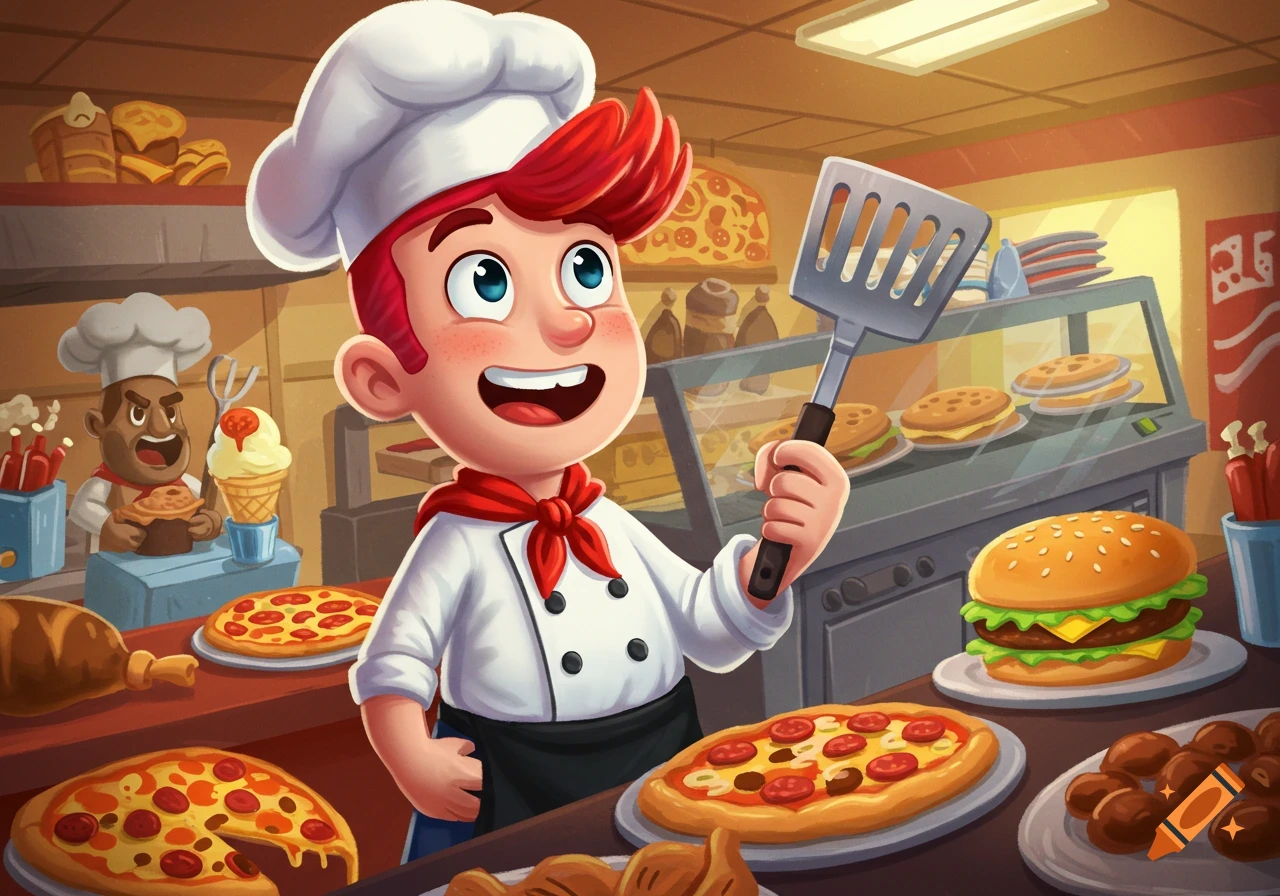 A cheerful cartoon chef with red hair stands in a busy kitchen with pizzas, burgers, and baked goods, holding a spatula.