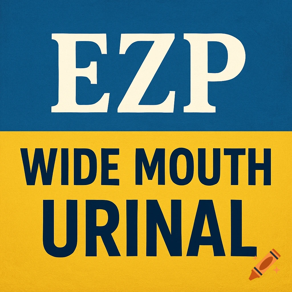 White text 'EZP WIDE MOUTH URINAL' on a split blue and yellow background.