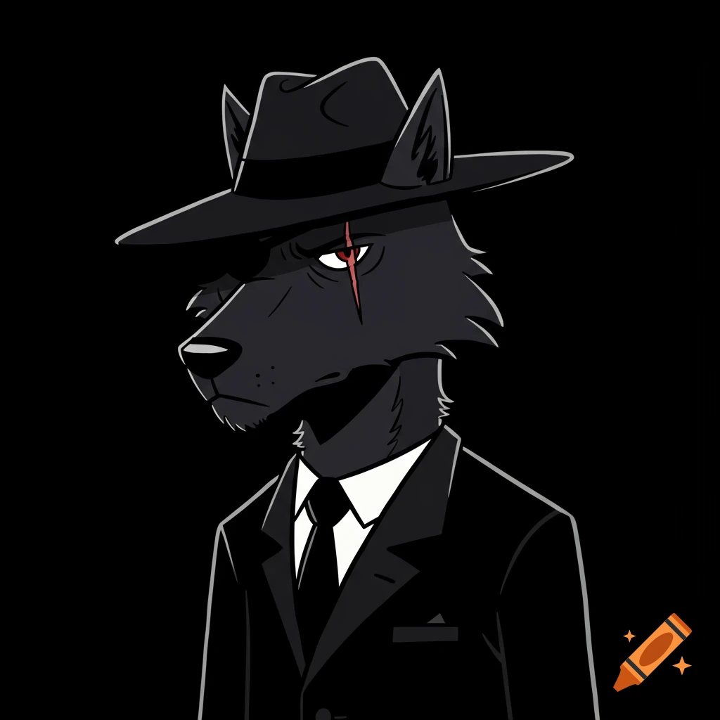 A cartoon black wolf in a black suit and fedora with a red scar over its eye on a black background.