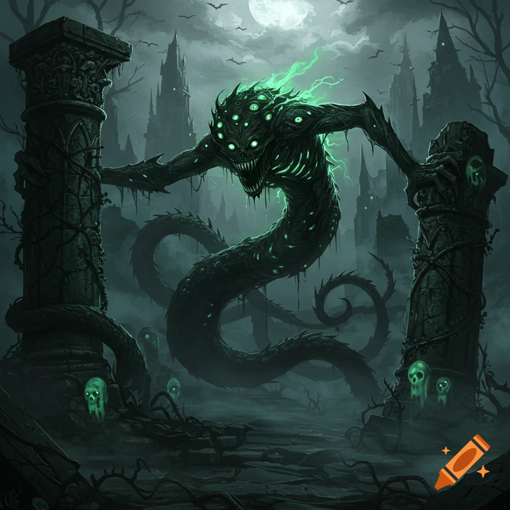 A monstrous, many-eyed creature with a serpentine body and glowing green features stands in a dark, misty gothic ruins scene under a full moon.