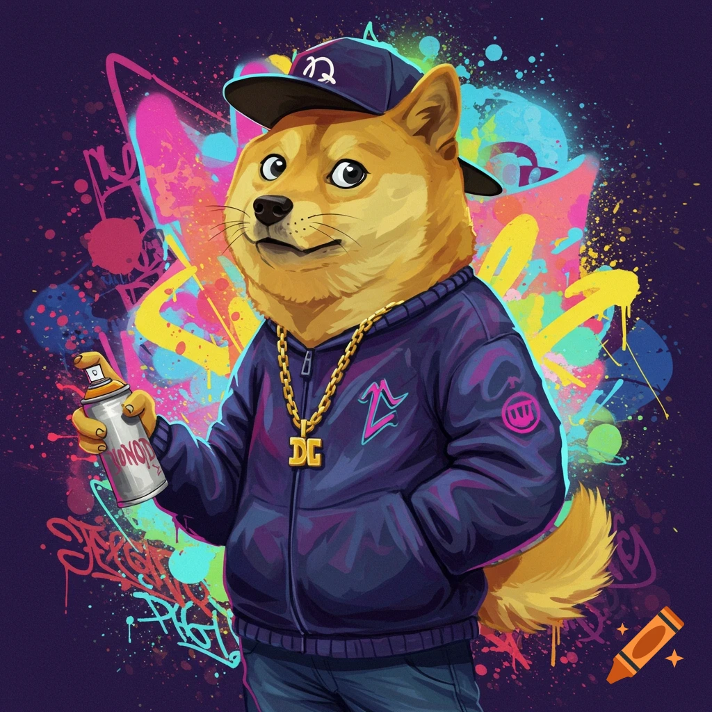 A stylized doge character wearing a blue hoodie, baseball cap, and gold chain, holding a graffiti spray can against a vibrant graffiti background.