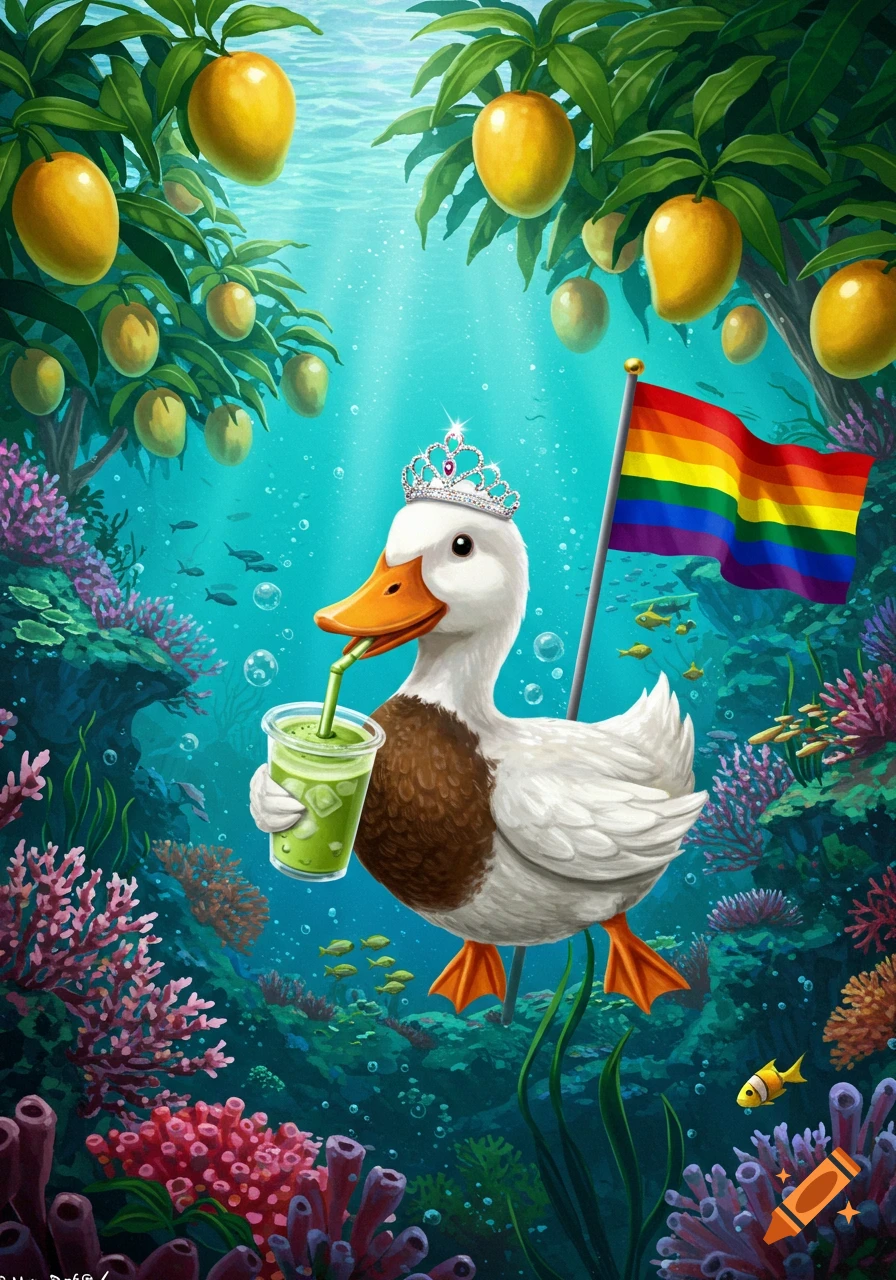 A whimsical illustration of a duck wearing a tiara, holding an iced matcha tea, levitating underwater with a rainbow pride flag and mango trees.