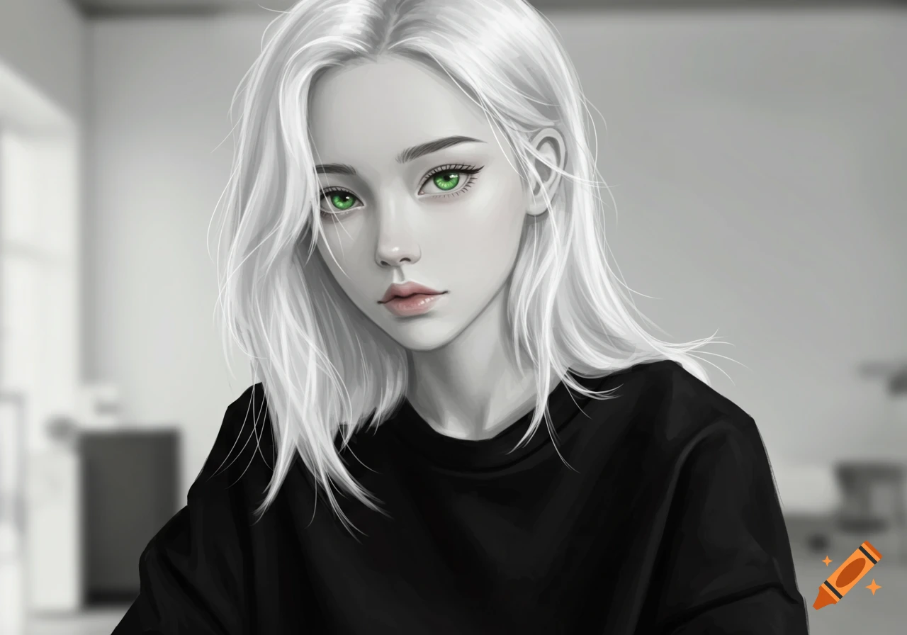 Stylized portrait of a young woman with long white hair and striking green eyes, wearing a black shirt.