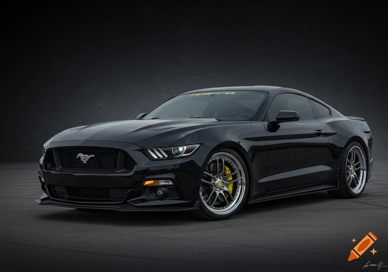 A sleek, black Ford Mustang S550 with custom polished silver rims and yellow brake calipers, parked on a dark asphalt surface.