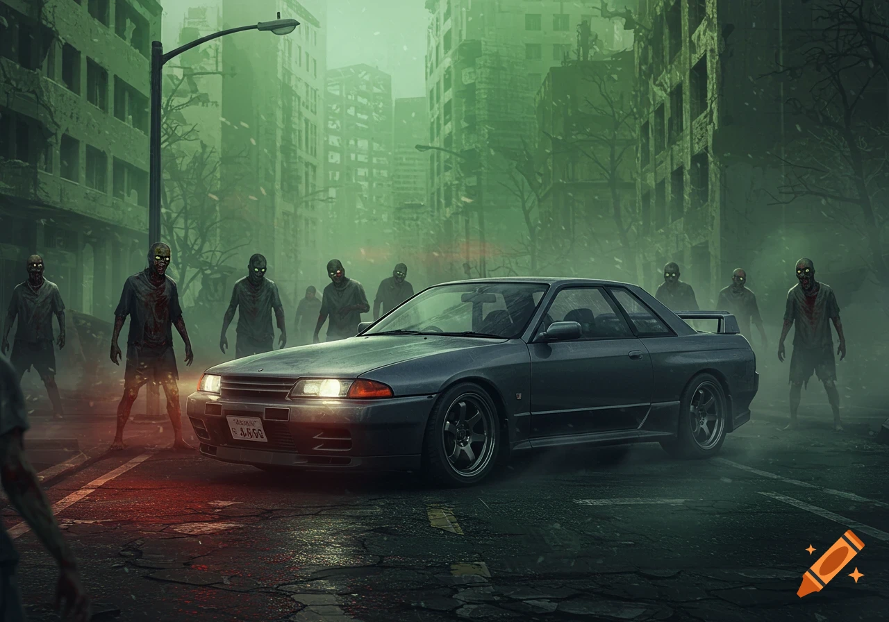 A dark grey Nissan Skyline R32 car sits on a wet street surrounded by glowing-eyed zombies in a desolate, green-tinged city.