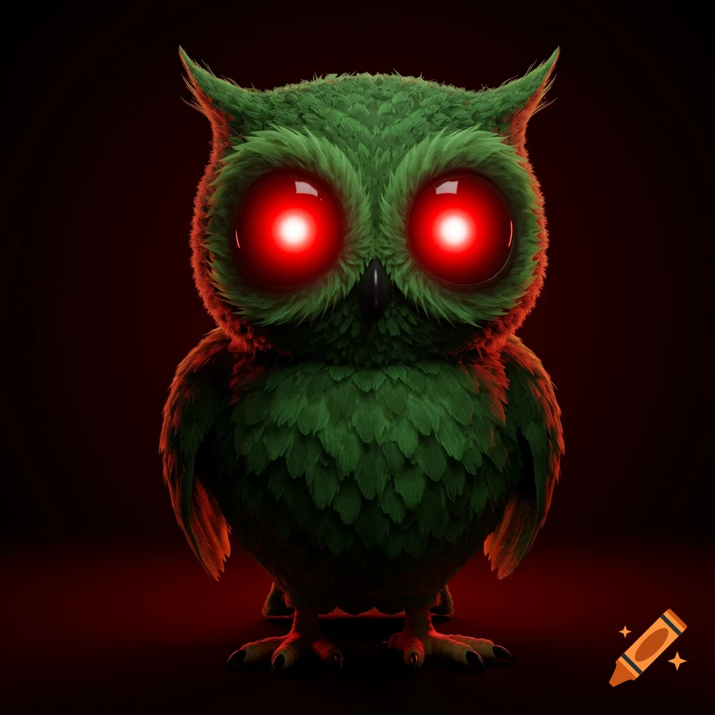 A creepy, green, cartoon owl with glowing red eyes stands in a dark, scary setting.