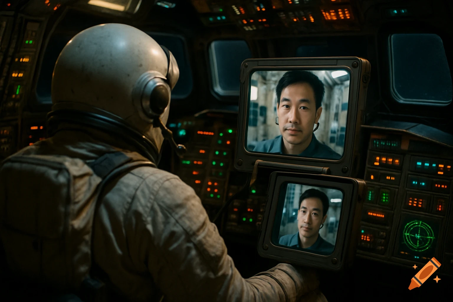 An astronaut in a spaceship cockpit views an Asian man on a video call screen, with flashing controls in the background.